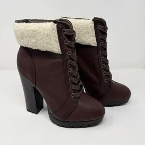 Bamboo Faux Fur Shearling Gaby High Heeled Brown Cream Lace Up Boots Womens Sz 9